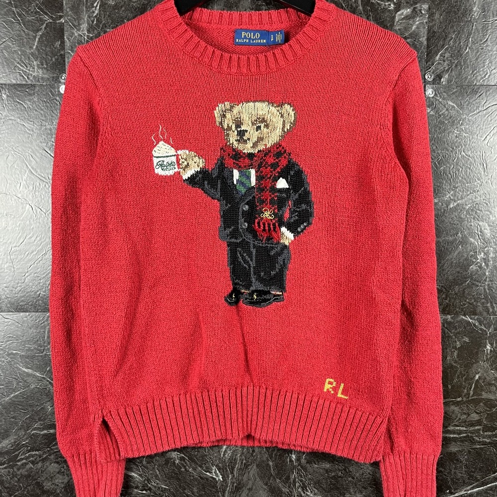 Polo Ralph Lauren Women's Red Polo Bear Year Tuxedo Sweater Small